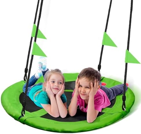 PACEARTH 40 Inch Saucer Tree Swing Flying 900lb Weight Capacity 2 Added Hanging Straps Adjustable Multi-Strand Ropes Colorful Safe and Durable Swing Seat for Children-Green