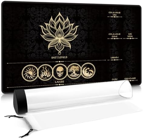 MTG Playmat with Play Zones – Magic Play mat Card Game Mat for Magic The Gathering, Lotus & Basic Lands Design, 24x14 inch, Stitched Edge, Non-Slip Base with Prismatic Playmat Tube-Gold Zone