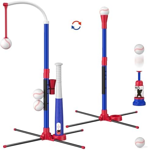 3-in-1 Baseball Set for Kids 3-5 - Tee Ball Stand, Hanging Tee, Ball Launcher and 6 Softballs - Adjustable Height, Indoor/Outdoor Sport Gifts for Boys Girls, Blue