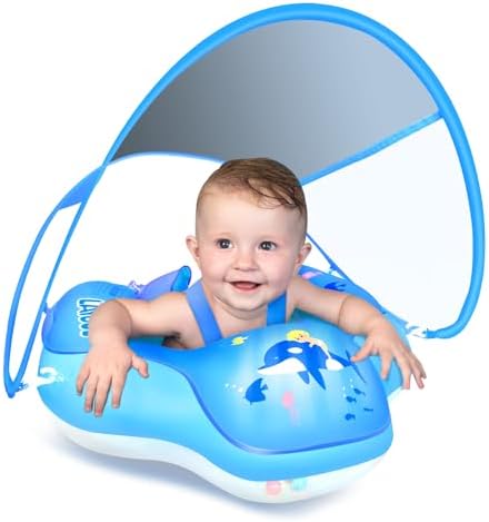 LAYCOL Baby Swimming Float Inflatable Baby Pool Float Ring with Sun Protection Canopy,add Tail no flip Over for Age of 3-36 Months