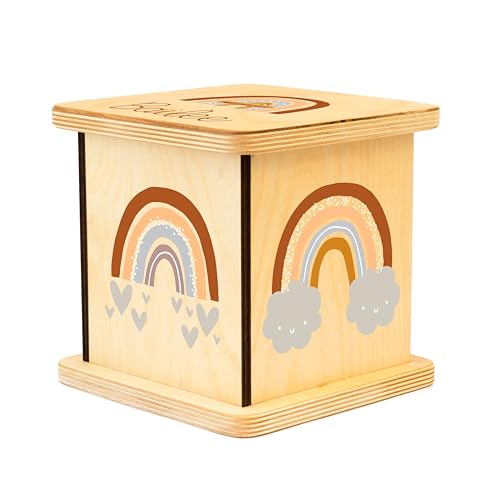 Wooden Piggy Bank for Kids and Adults, Personalized Gift Handmade in USA by BloomOwl, Custom Piggy Bank, Personalized Banks for Kids, Gifts for Baby Boys and Girls (Rainbow)