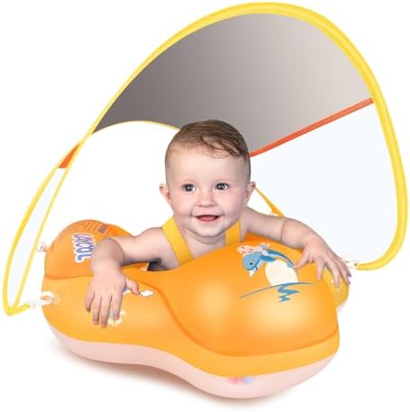 LAYCOL Baby Swimming Float Inflatable Baby Pool Float Ring with Sun Protection Canopy,add Tail no flip Over for Age of 3-36 Months