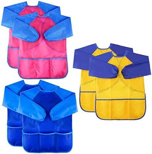 Zkptops 6 Pack Kids Art Smocks Waterproof Kid Painting Aprons Toddler Art Smock Kids Paint Smock with Long Sleeve 3 Roomy Pockets for Age 3-7 Years