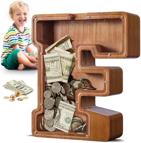 Summidate Large Wooden Piggy Bank for Kids Adults, Alphabets Letter A-Z Piggy Bank for Boys Girls, Coins Bills Change Bank Box Personalized Initial Name Kids Money Bank for Birthday Present and Decor