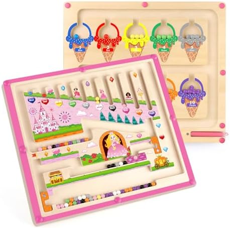 2 in 1 Magnetic Color and Number Maze,Montessori Toy for Toddler Girls,Wooden Magnet Balls Puzzles,Toddler Busy Board Game,Preschool Learning Activities (Princess & Ice Cream)