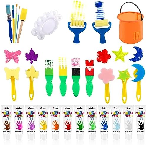 ABEIER Washable Finger Paint Kit for Toddlers, 12 Colors with Paint Tools, Safe Non-Toxic, Baby Safe Paint for Hand and Feet, Mess Free Art Supplies for Kids, DIY Crafts, Kids Gifts, Ages 3+