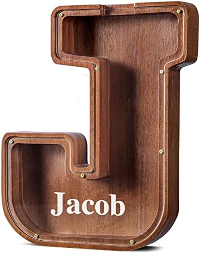 Customized Name Large Wooden Piggy Bank for Kids Boys Girls Alphabets Letter A-Z Coins Bills Money Change Bank Box Initial on Clear Cover (Laser Engraved) (Alphabet-J, Personalized-12)