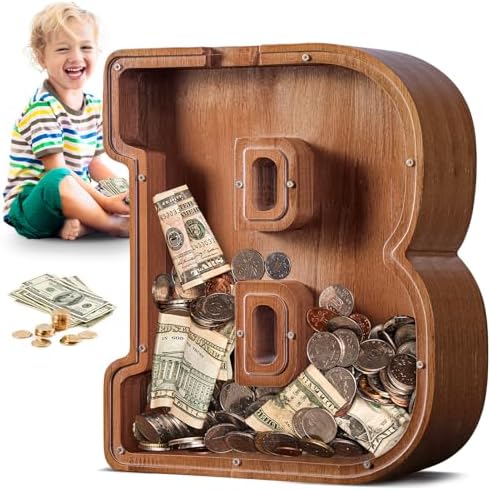 Summidate Large Wooden Piggy Bank for Kids Adults, Alphabets Letter A-Z Piggy Bank for Boys Girls, Coins Bills Change Bank Box Personalized Initial Name Kids Money Bank for Birthday Present and Decor
