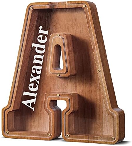 Summidate Customized Name Extra Large Wooden Piggy Bank for Kids Boys Girls Alphabets Letter A-Z Coins Bills Money Change Saving Box (Laser Engraved) Educational Toys 12"- Letter A