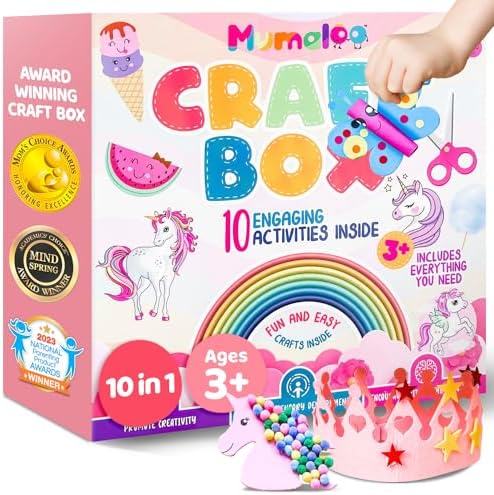 Unicorn Craft Box - 10 Fun Arts and Crafts for Kids Ages 4-8, No Mess, Educational, Mermaid Art Projects, Toddler Crafts & Activities Kit with Supplies, Gift for Girls 3 4 5 6 7 8 Years Old
