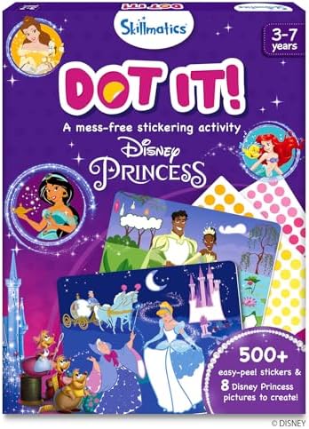 Skillmatics Dot It Sticker Art - Disney Princess, Mess-Free Fun for Kids, 500+ Stickers, Craft Kits, DIY Scrapbooking Activity, Travel Toys, Gifts for Girls & Boys Ages 3, 4, 5, 6, 7
