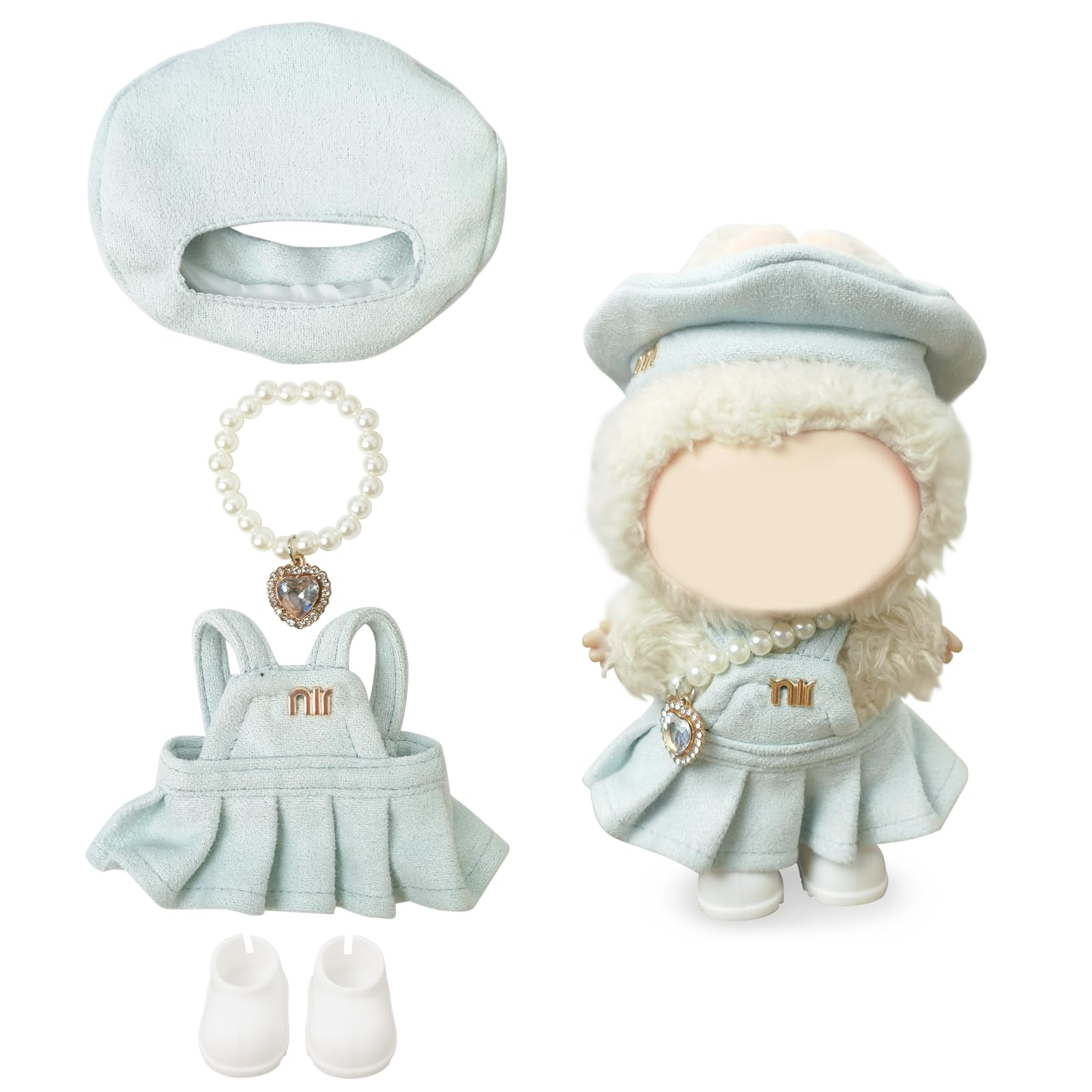 Clothes Compatible with LABUBU Doll – 4PCS Frosted Mint Set, 17cm Doll Clothes Designer Outfit for Campus Classic Theme, Chic Stylish Accessories for Labubu, No Doll (Paris Mint Frost)