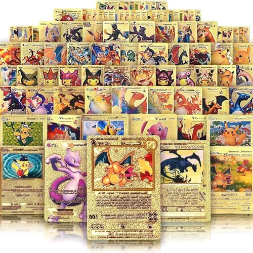 55 PCS Gold Cards Packs Vmax V EX GX Rare Golden Cards Deck Box Gold Foil Card for Fans/Kids/Collectors Gifts (No Duplicates)