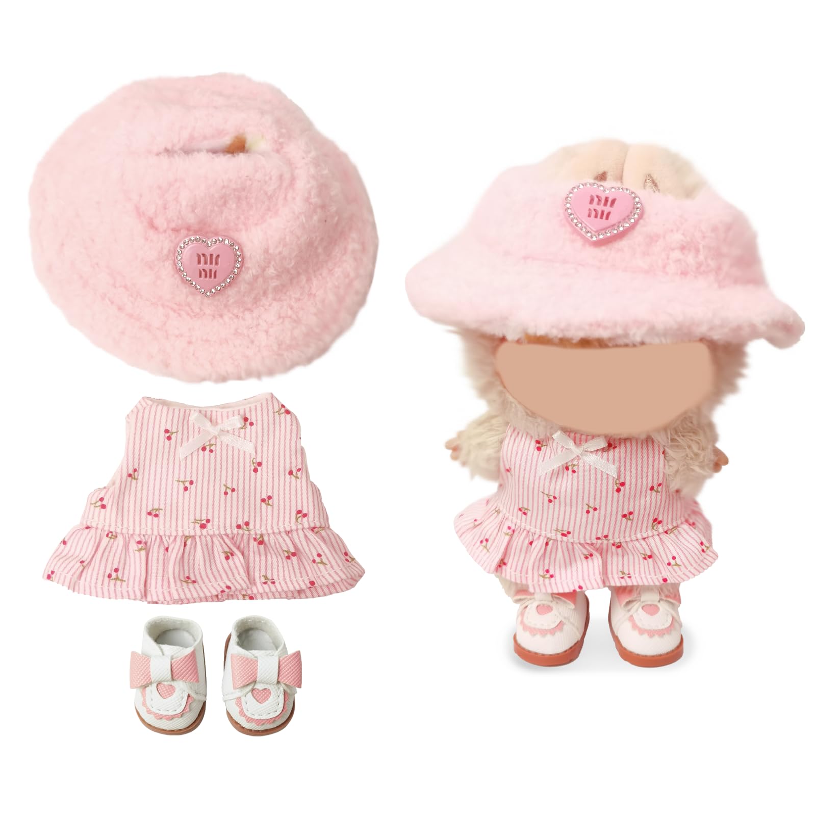 Clothes Compatible with LABUBU Doll – 3PCS Pastoral Style Set, 17cm Doll Clothes Designer Outfit for Sweet Camping Theme, Chic Stylish Accessories for Labubu, No Doll (Cherry Picnic Dress) 