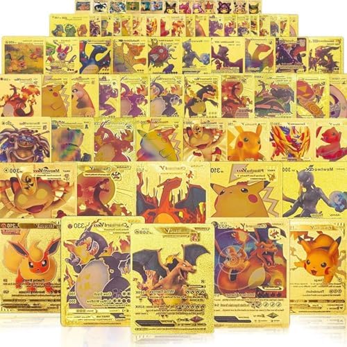 55 PCS Gold Cards Packs Vmax V EX GX Rare Golden Cards Deck Box Gold Foil Card for Fans/Kids/Collectors Gifts (No Duplicates) (Gold-1)