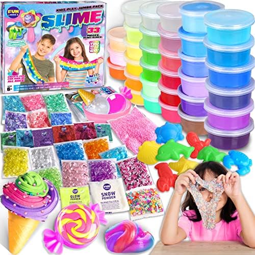 33 Cups Jumbo Slime Kit for Kids, FunKidz Premade Ultimate Slime Pack to DIY Soft, Cloud, Clear, Butter, Glitter, Glow in Dark Slime Making Kit Party Favors Gift Toys for Girls and Boys