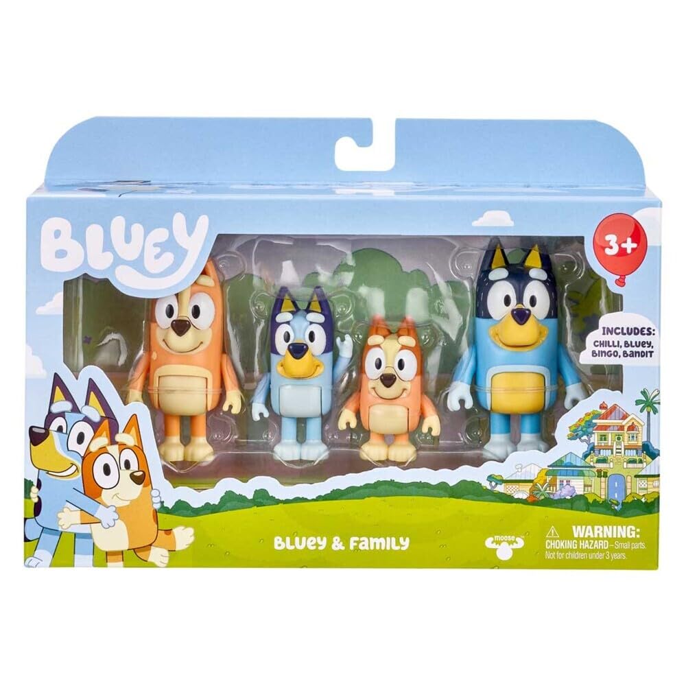 Bluey Family Figure 4-Pack – Includes, Bingo, Mum (Chilli) & Dad (Bandit), Poseable Collectible Toys for Kids, Durable Cake Toppers, for Toddlers & Fans, Ages 3+