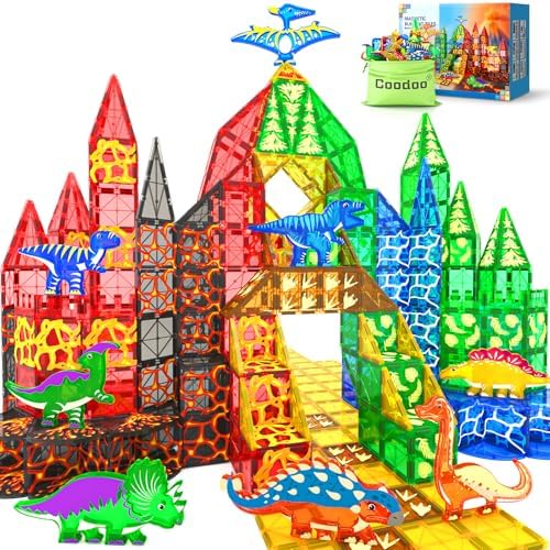 102PCS Dinosaur Toys Magnetic Tiles with 8 Dinosaurs for Kids 3-5 5-7, Jurassic Scenes Dinosaur World Set, Magnetic Blocks Kids Sensory Toys for Boys & Girls Ages 3+, Classroom Must Haves
