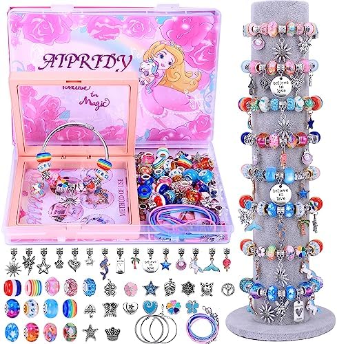 AIPRIDY Charm Bracelet Making Kit,Unicorn Mermaid Crafts Gifts Set Can Inspires Imagination and Creativity,Jewelry Making Kit Perfect Gifts for Girls 5-12 Years Old (72 Pieces Rose)