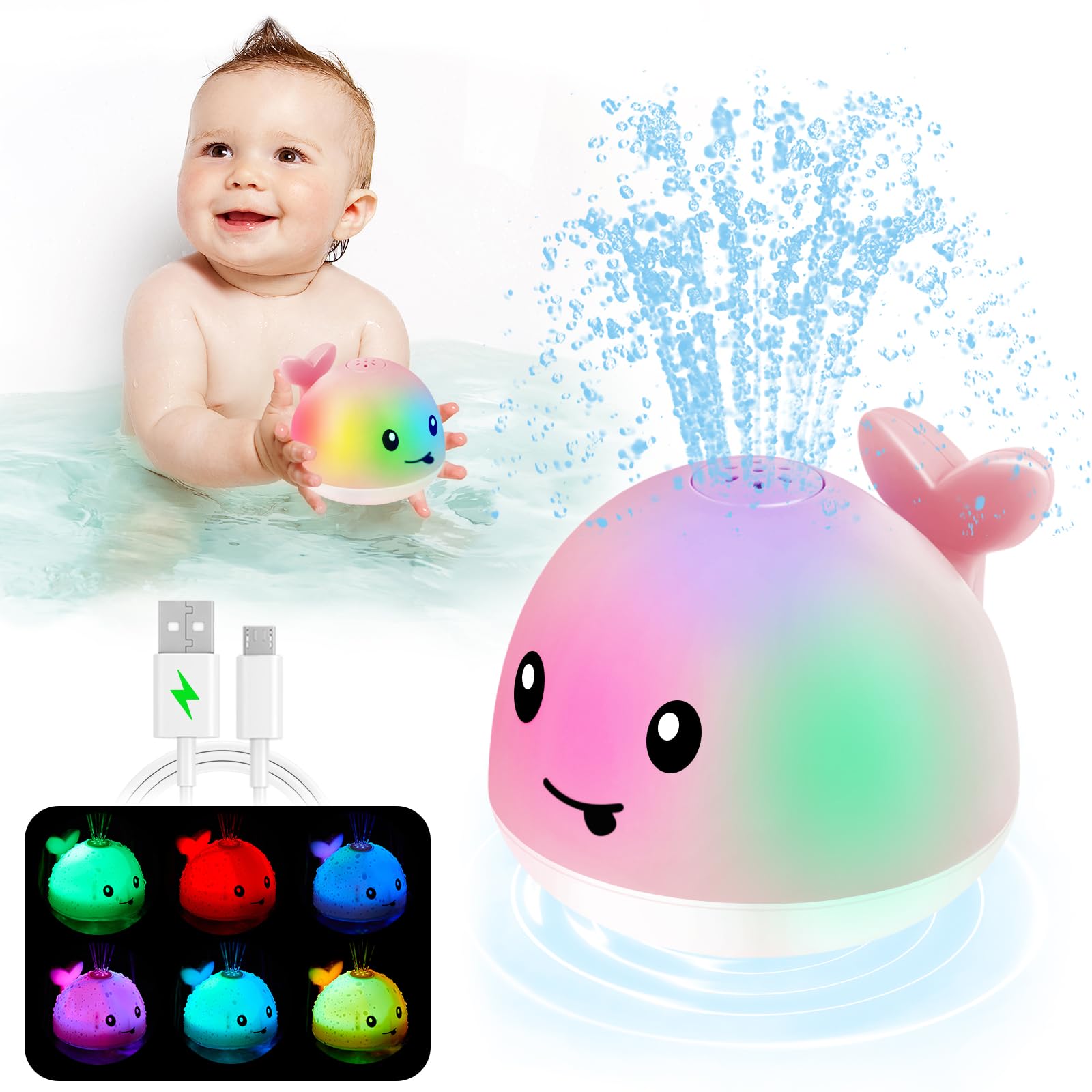 ANGGIKO Baby Girl Bath Toys, Toddler Bath Toys for Kids Ages 1-3, Light Up Whale Bath Toy Sprinkler, Pool Water Table Infant Baby Toy 6-12-18 Months Bathtub Fountain Toy Girls 1st Birthday 1 2 3 Gifts