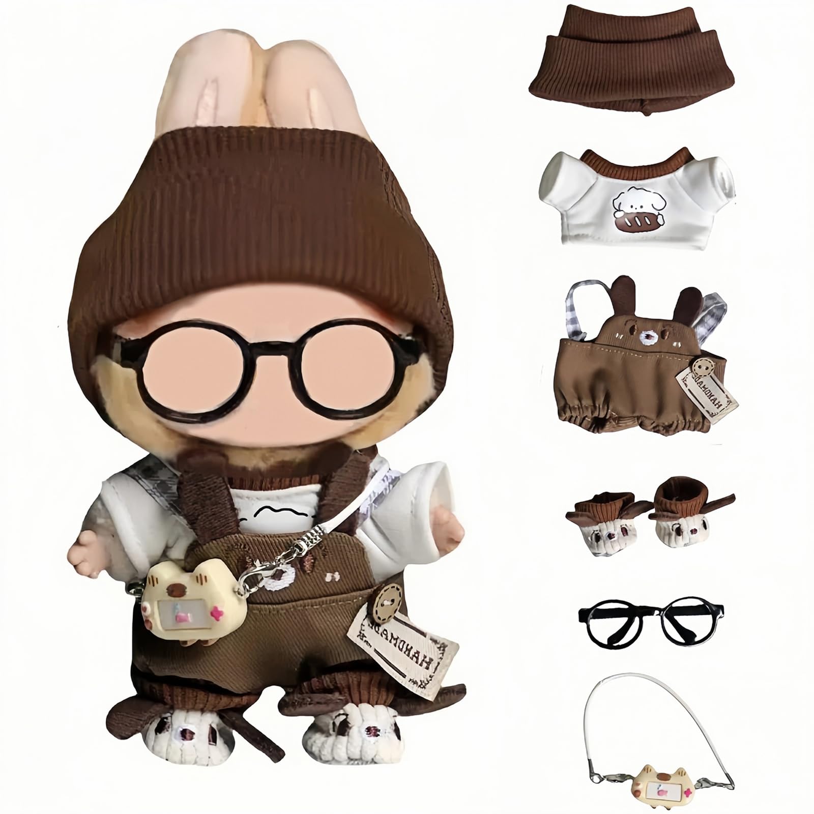 6 Set 17cm Doll Clothes, Clothes for Dolls Outfit, Accessories for 17cm Dolls Clothes T-Shirt + Overalls + Hat + Small Camera + Glasses + Shoes, No Doll Included