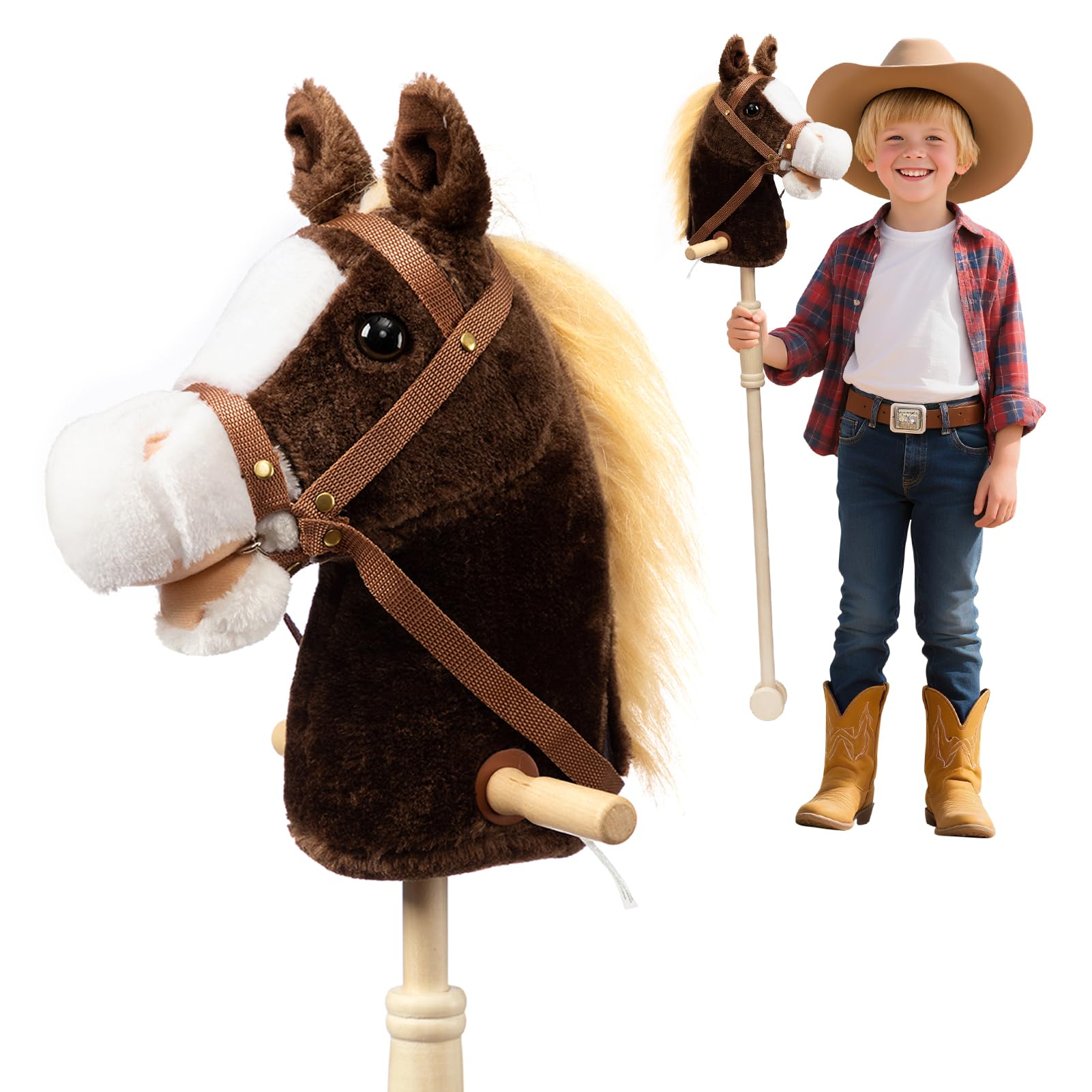 HollyHOME Stick Horse Plush Handcrafted Hobby Horse on a Stick with Wood Wheels Real Pony Neighing and Galloping Sounds for Kids Toddlers Chocolate 36 Inches(AA Batteries Required)
