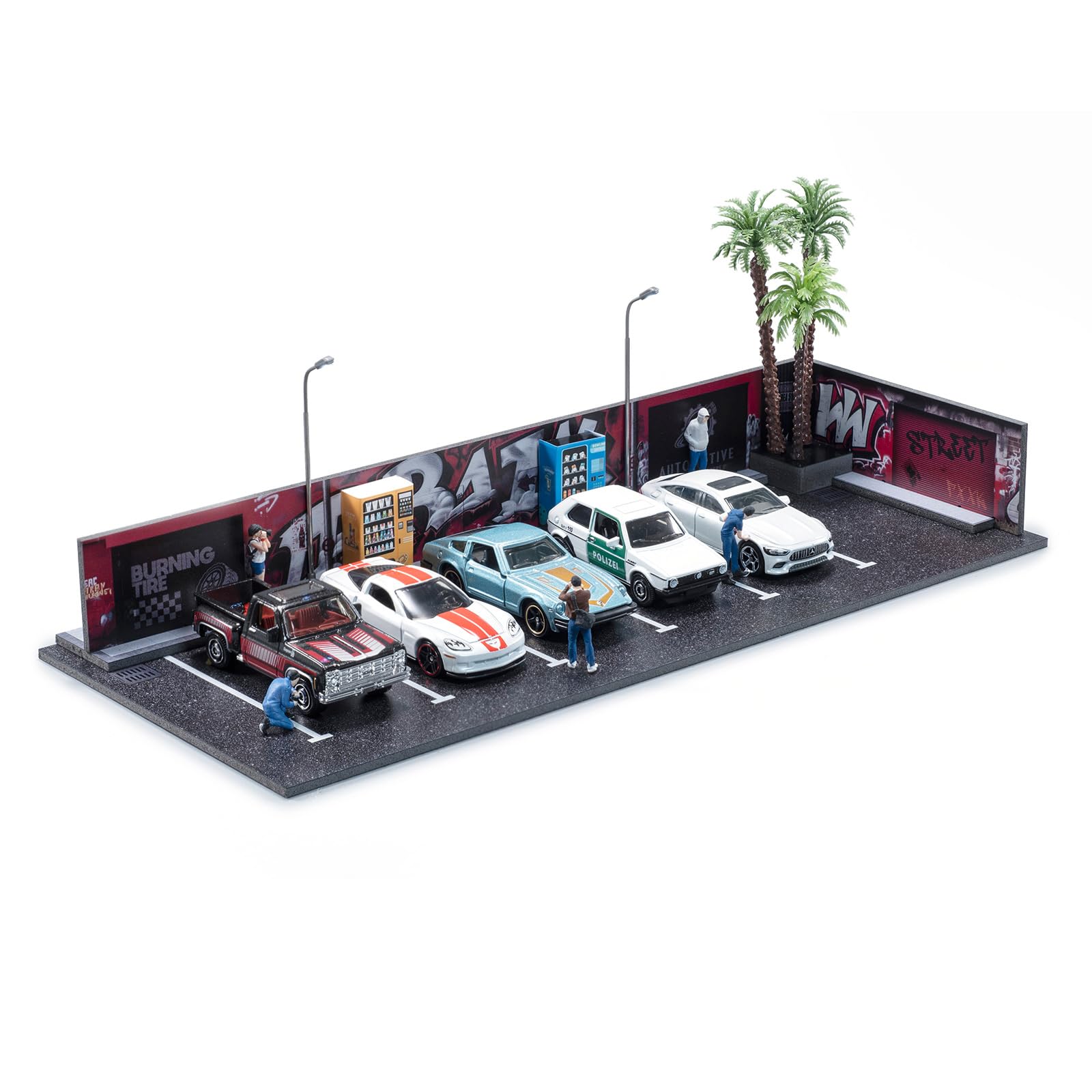 1/64 Diorama Garage, Garage and Display Case for Model Car, Scenic Diorama Display Car Park with 2 LED Street Lamps and 5 Outdoor Parking Spaces (American-Style Garage)