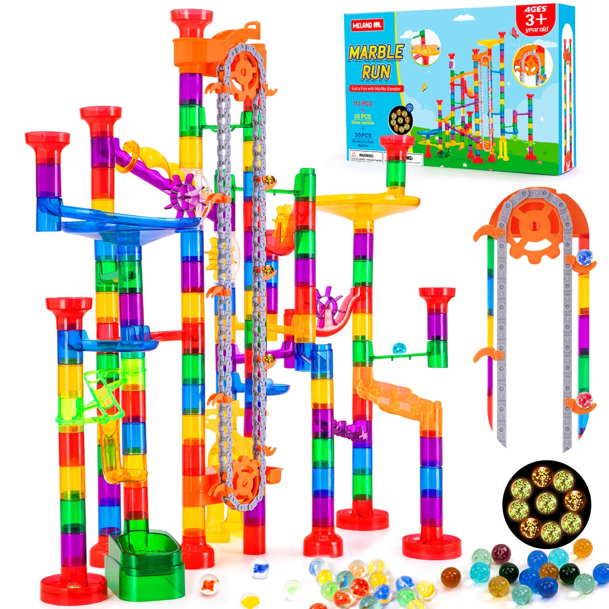 247Pcs Marble Run with Motorized Elevator, Construction Building Blocks Toys with 30 Glass Marbles and 30 Glow in The Dark Marbles, STEM Gifts for Boys and Girls