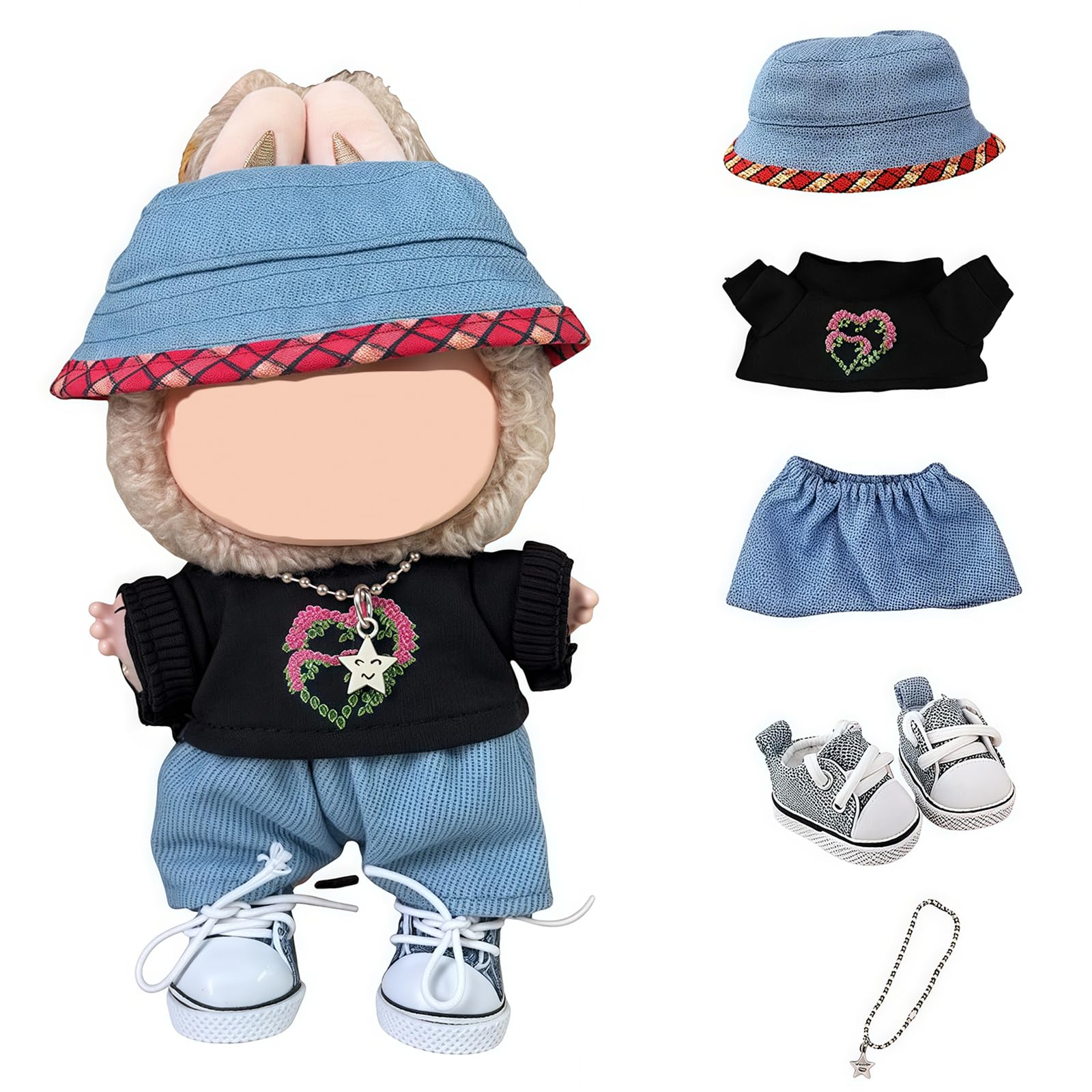 5 Set 17cm Doll Clothes, Clothes for Dolls Outfit, Accessories for 17cm Dolls Clothes Sweater + Hat + Jeans + Necklace + Shoes,, No Doll Included (Cowboy Set)