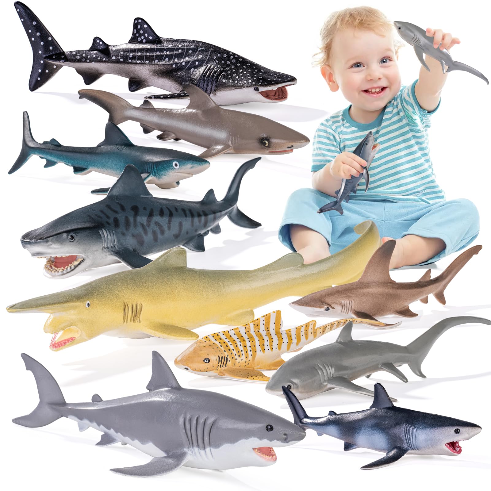 10PCS 5-8" Realistic Shark Figurines Toy for Toddlers 3-5 5-7, Large Ocean Animal Bath Toys for Kids Ages 4-8, Sharks Cake Toppers, Easter Eggs, Birthday Party Favors & Gifts for Boys & Girls