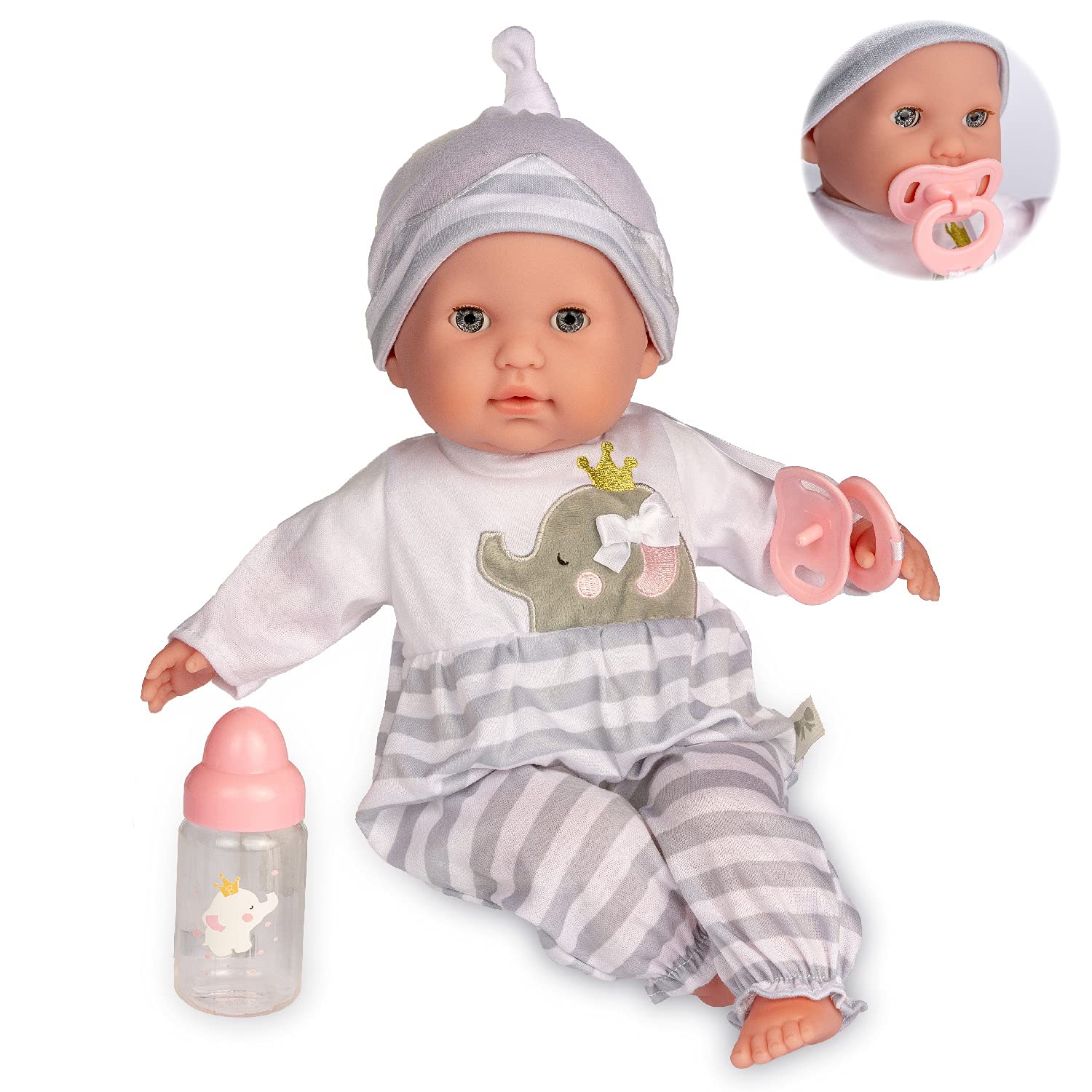 15" Realistic Soft Body Baby Doll with Open/Close Eyes | JC Toys - Berenguer Boutique | Bottle & Pacifier | Grey | Ages 2+