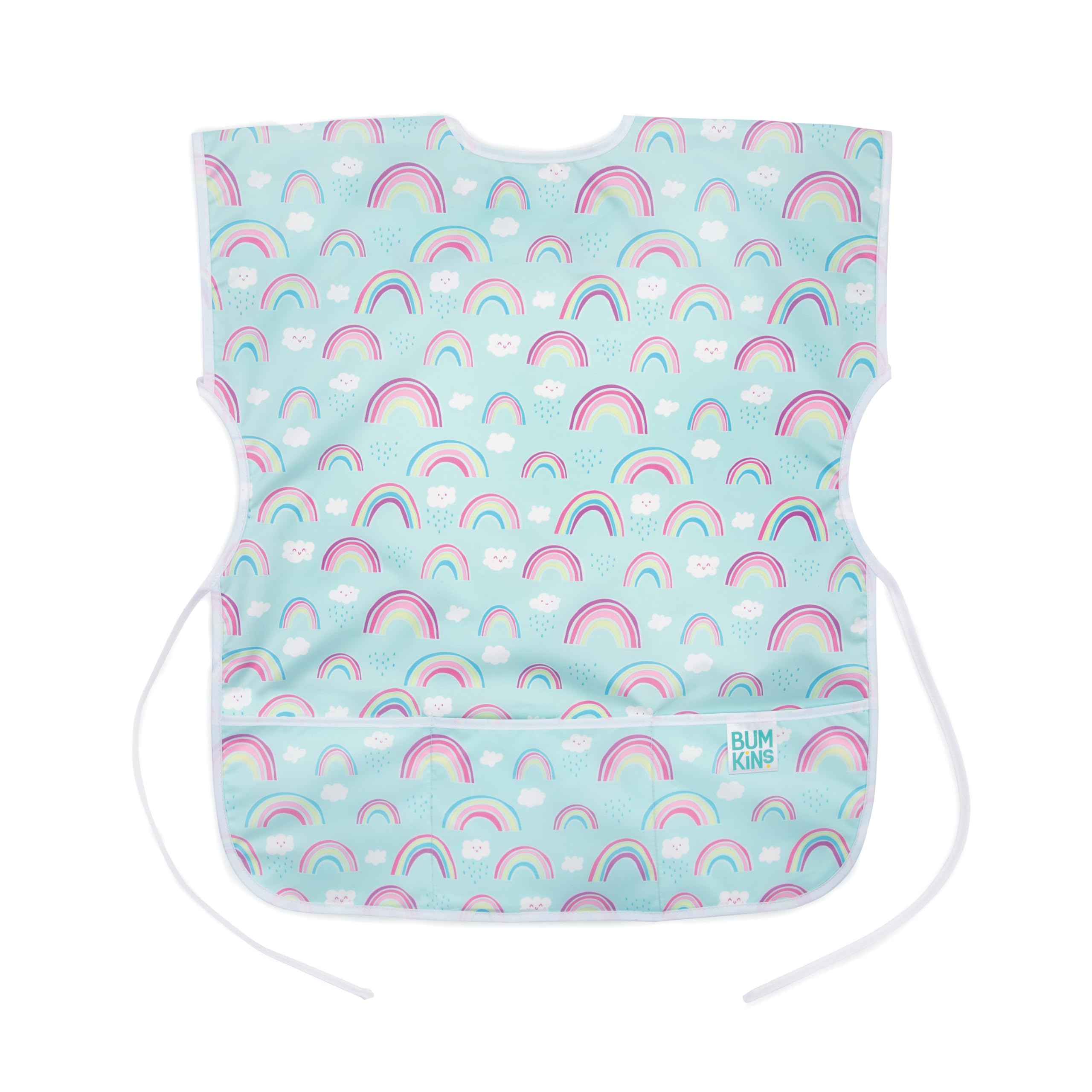 Bumkins Short Sleeve Smock, Toddler Reusable Waterproof Bib for Girls and Boys Ages 3-7 Years, Junior Childrens, Kids Paint Apron, Arts, Crafts and Play with Pocket, Soft Fabric, Rainbows Blue