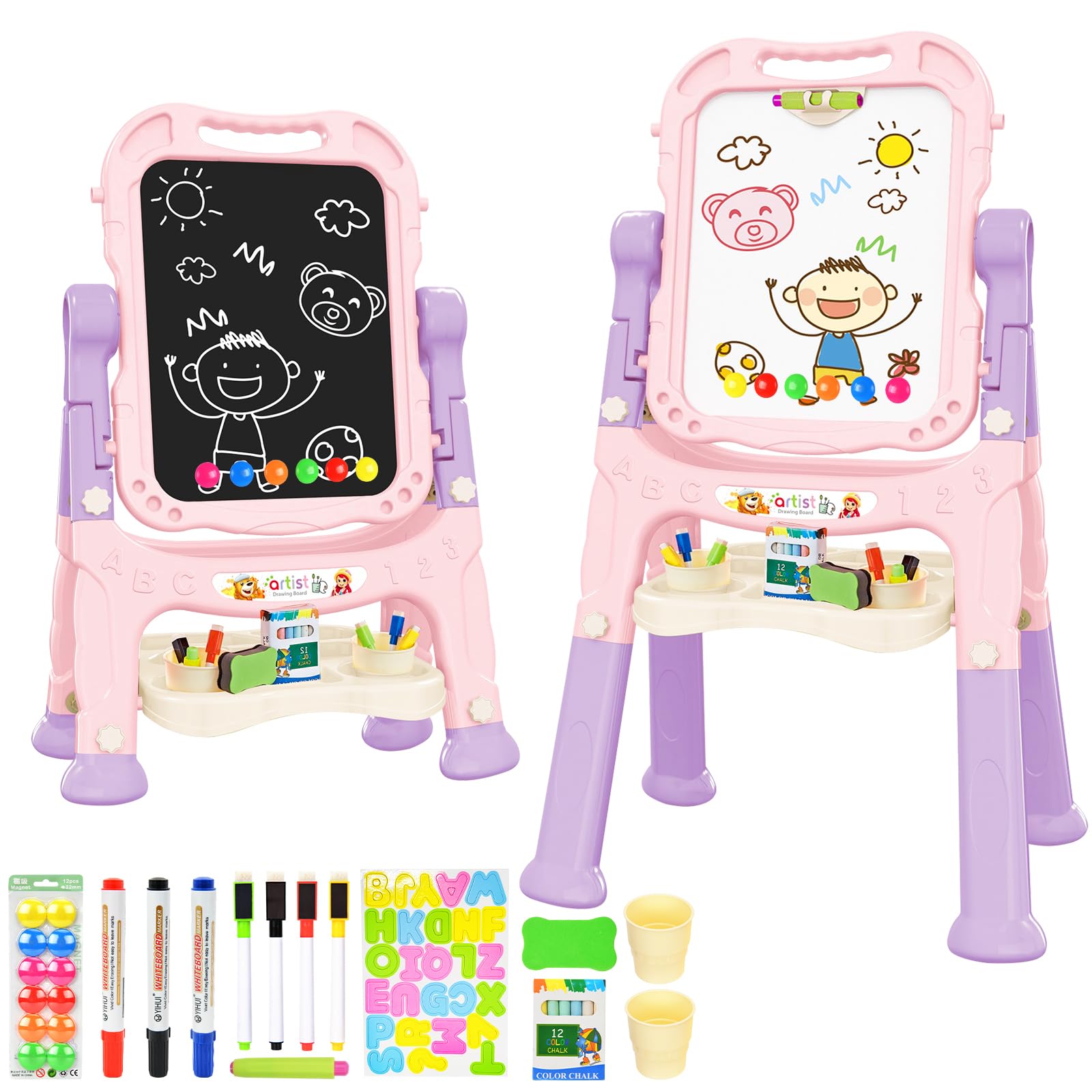 Amagoing Easel for Kids, Adjustable Standing Art Easel for Toddler, Double Side White Chalk Board with Painting Accessories, Birthday Christmas Gift for Little Girls and Boy Age 3 4 5, Pink