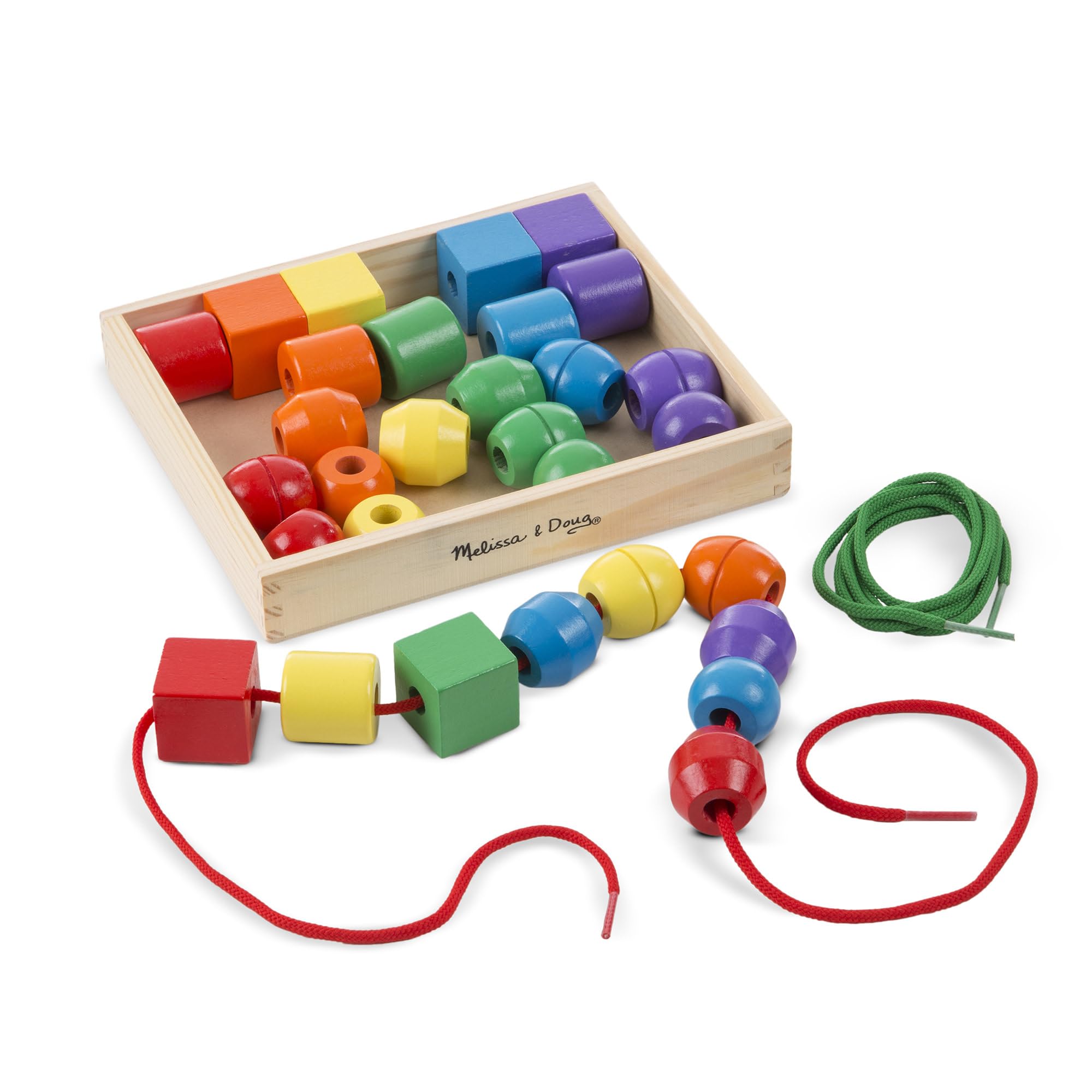 Melissa & Doug Primary Lacing Beads - Educational Toy with 8 Wooden Beads and 2 Laces