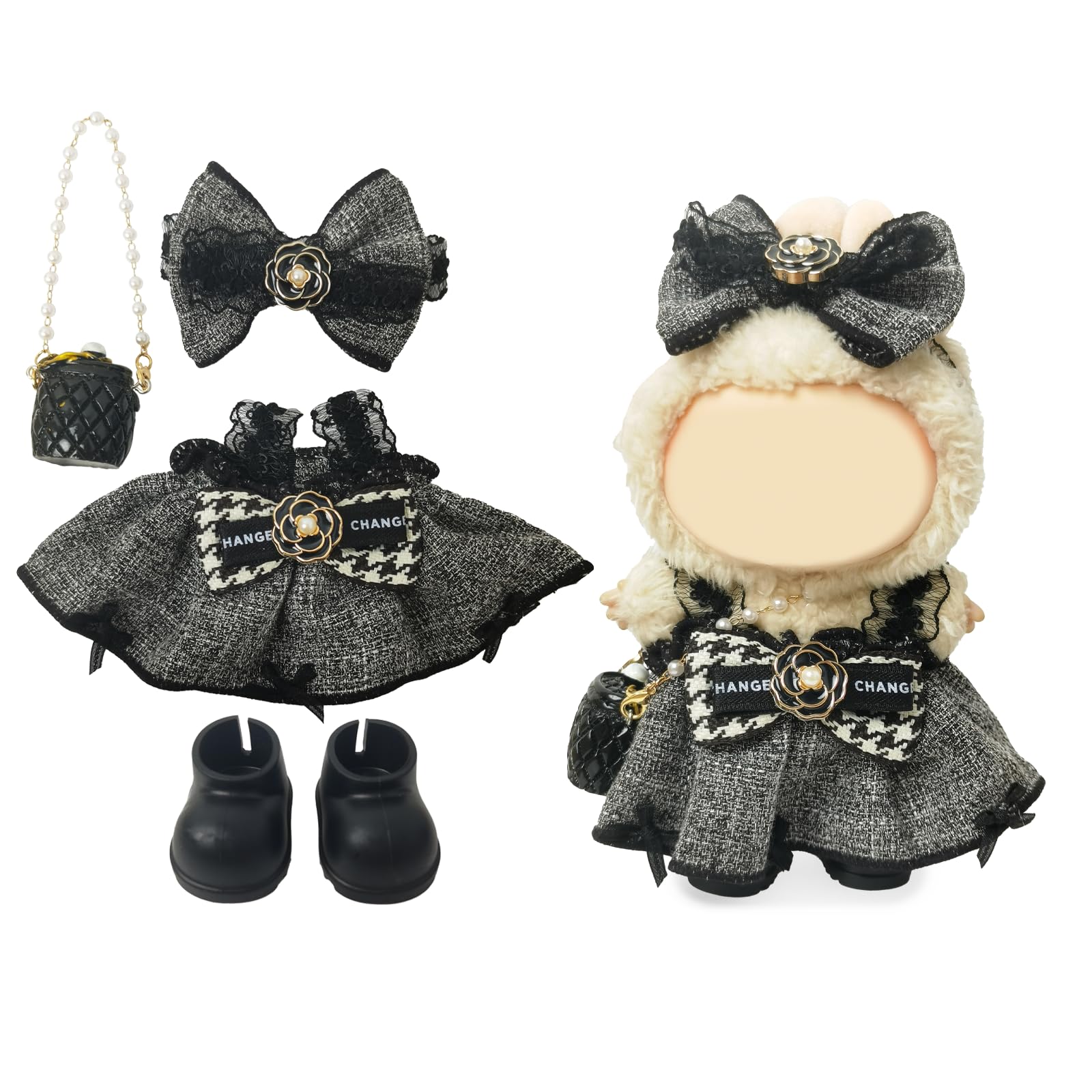 Clothes Compatible with LABUBU Doll – 4PCS Houndstooth lace Dress Set, 17cm Doll Clothes Designer Outfit for Urban Chic Theme, Classic Stylish Accessories for Labubu, No Doll (Houndstooth Rebel)