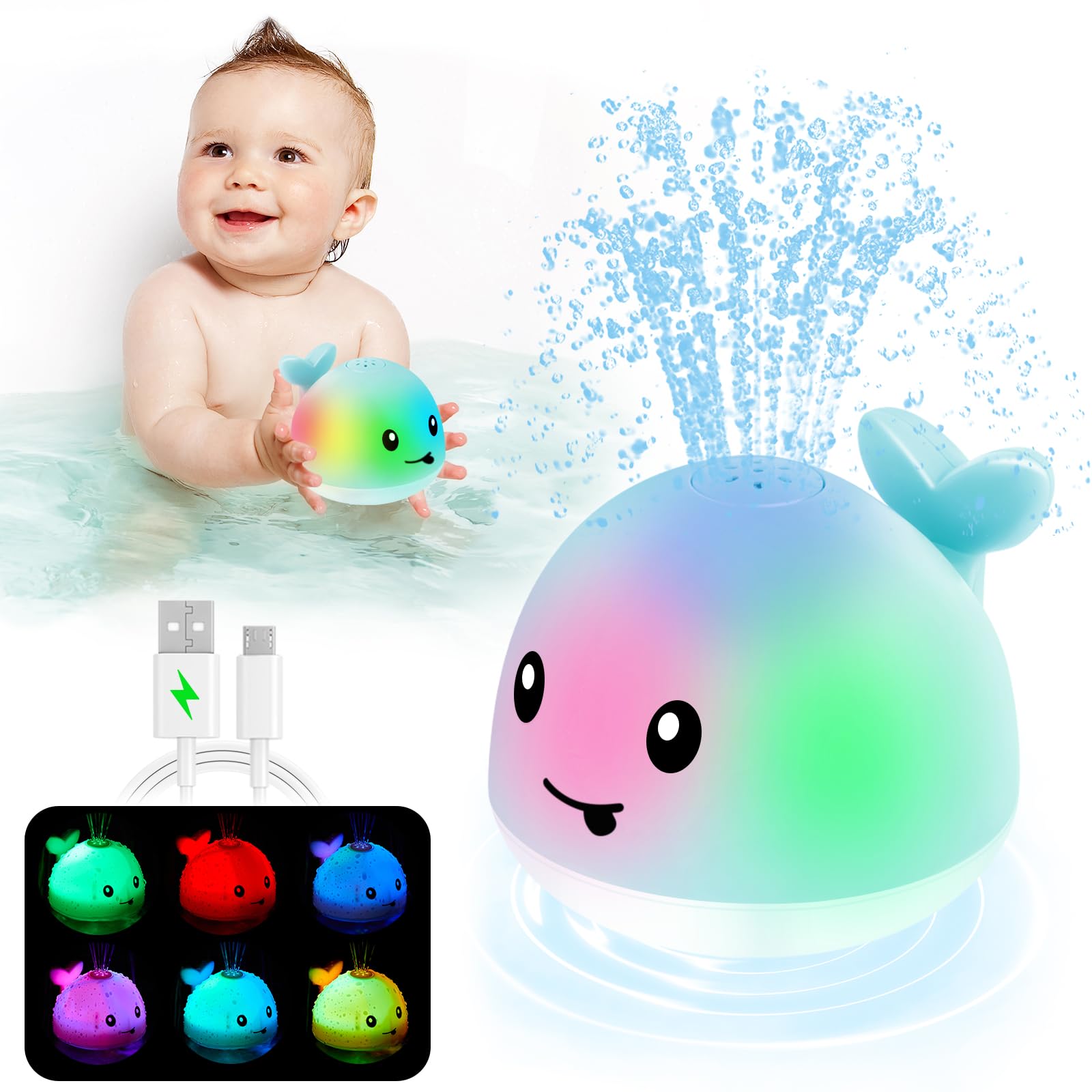 ANGGIKO Baby Boy Bath Toys, Toddler Bath Toys for Kids Ages 1-3, Light Up Whale Bath Toy Sprinkler, Pool Water Table Infant Baby Toys 6-12-18 Months, Bathtub Fountain Toy Boys 1st Birthday 1 2 3 Gifts
