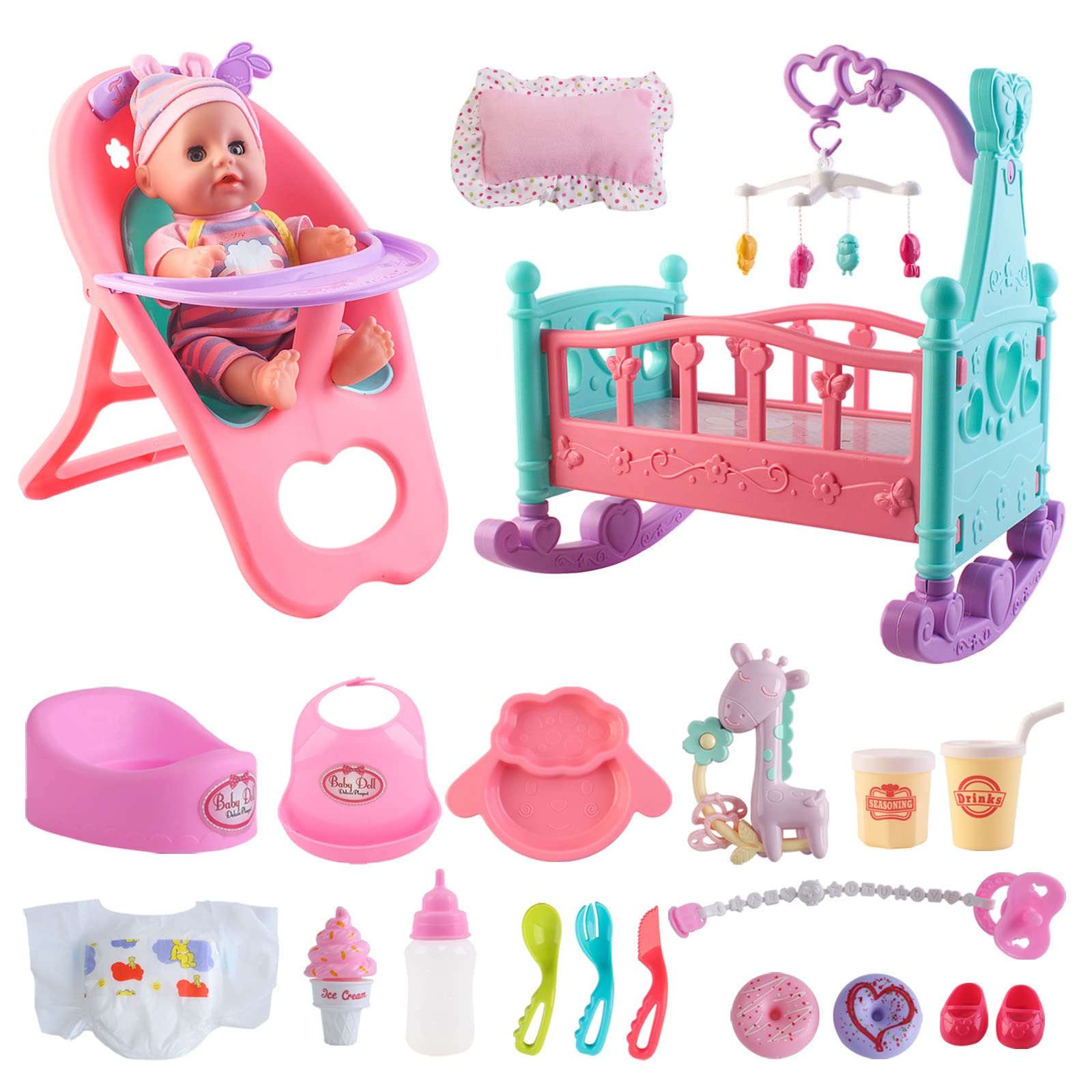 deAO 12” Baby Doll Play Set with Crib, Mobile, High Chair Feeding Accessories, Interactive Dolls for Girls Kids Pretend Play Baby Dolls 21 PCS