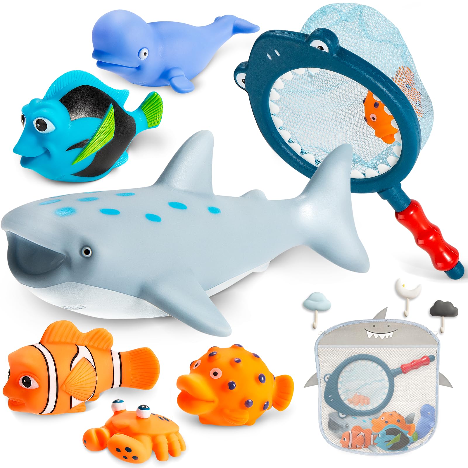 No Hole Mold Free Bath Toys for Toddlers 1-3, Water Toys for 6-12 Months Infants with Storage Bag, Baby Shark Toys for Pool, Bathtub, Beach, Shower, Tub, Kids Boys Girls Gifts