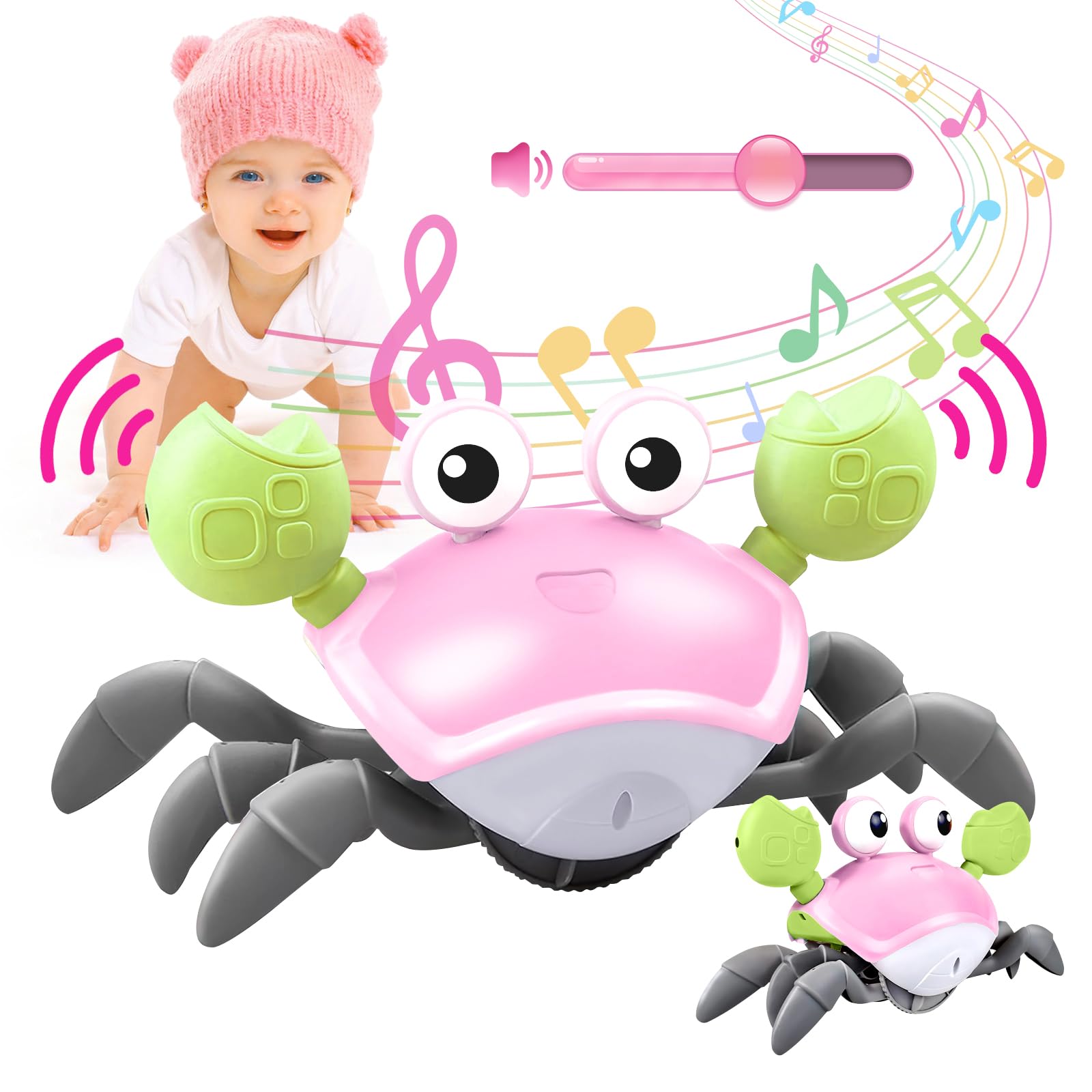 Plnmlls Crawling Crab Baby Toy - Tummy Time Toys - with Music and LED Light,Built-in Rechargeable Battery and Volume Can be Turned Off for 0-6 6-12 12-18 36 Months Walking Toddler Birthday Gift(Pink)