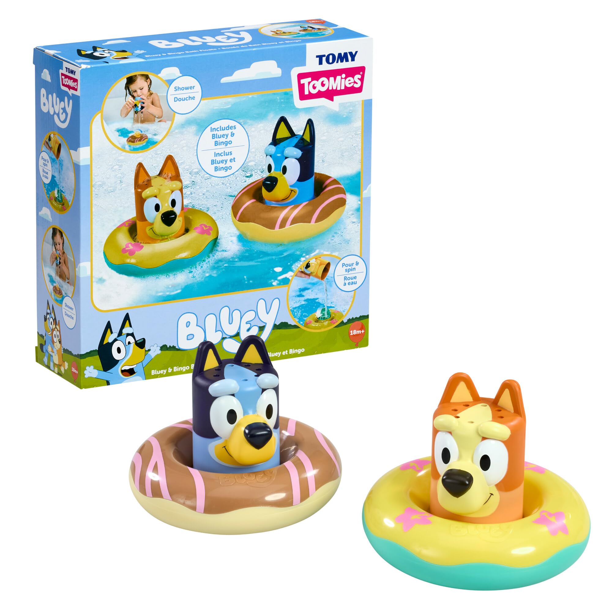TOMY Toomies Splash & Float Bingo and Bluey Water Toys - 2-in-1 Toddler Bath Toys with Pour Cup and Water Wheel - Ages 18 Months and Up