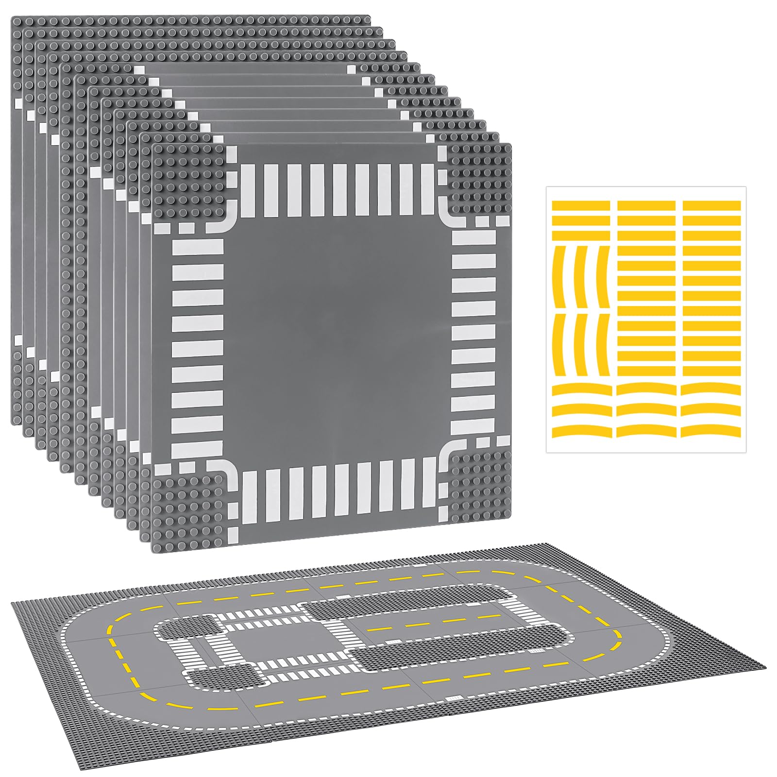 12 Pack Road Base Plates for Building, Compatible with Lego Classic Bricks, 10” x 10” Baseplates Fits for Lego Roads, Road Base Plates for City Sets (Attached DIY Stickers)
