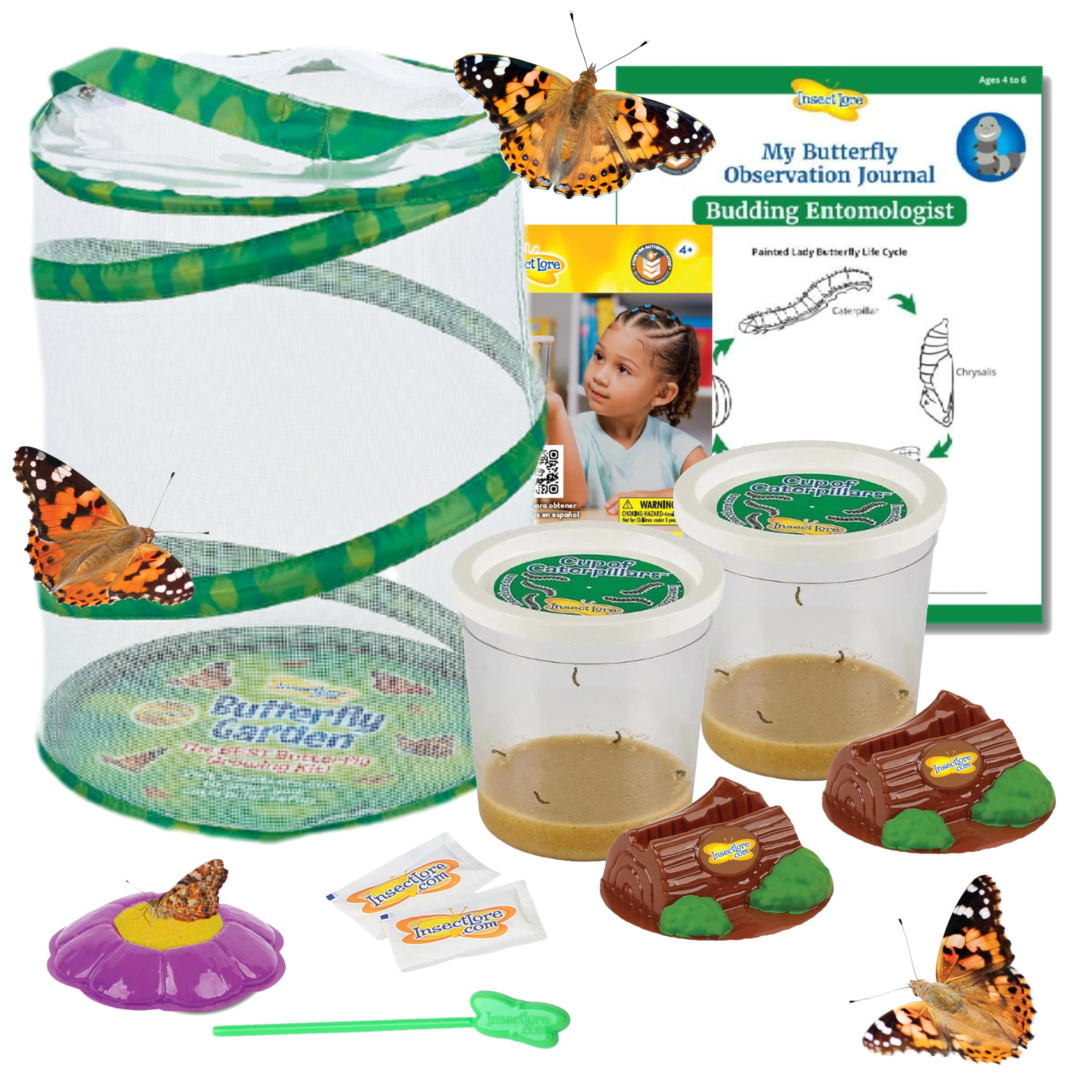 Insect Lore Butterfly Garden Kit – 10 Live Caterpillars, Habitat, STEM Journal, 2 Chrys-a-lid Holding Logs & Feeder – Grow & Release Painted Lady Butterflies – Educational Science Toy