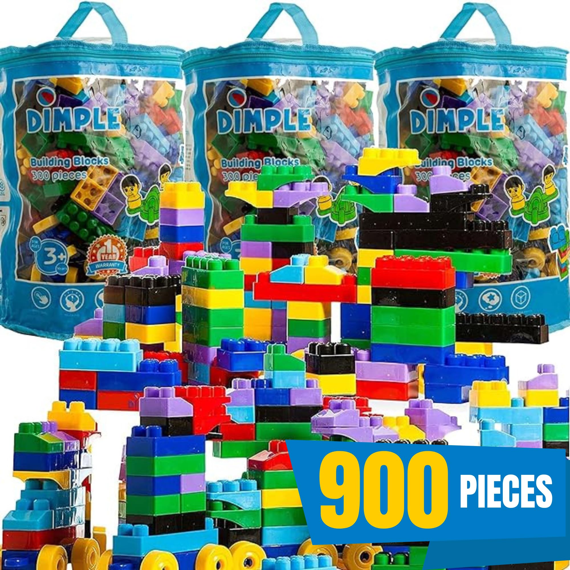 Dimple Large Blocks for Toddlers/Kids Stackable, Multi-Colored, Interlocking Toys Safe, Non-Toxic Plastic Bright Colors, Waterproof Boys and Girls Age 3 + (900 Pieces)