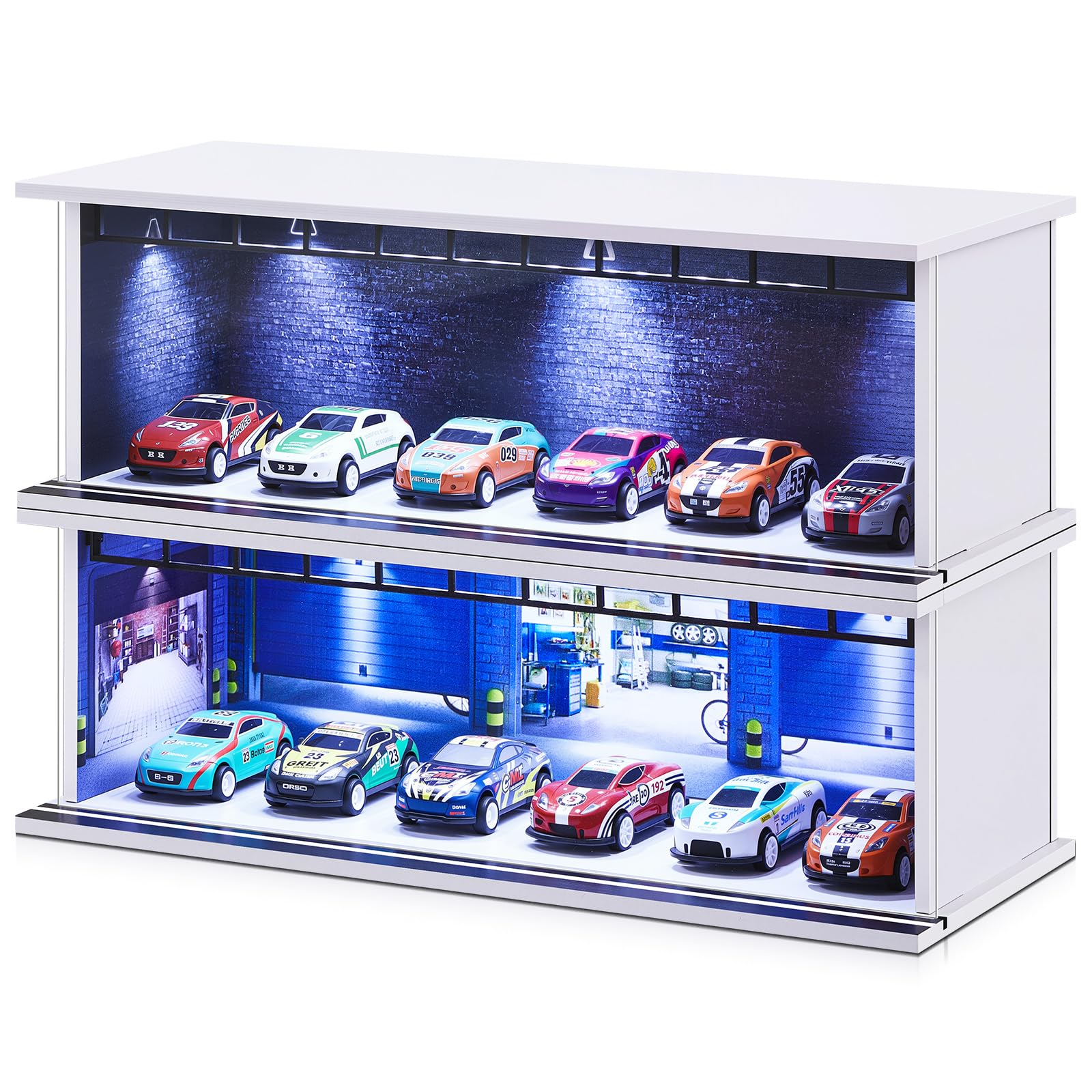 Tujoe 2 Pcs Hot Diecast Wheels Garage Display Case with LED Light and Acrylic Cover 1/64 Scale Diecast Toy Cars Storage Case Holds Max 12 Cars for Model Toy Car Storage Collector (Depot)