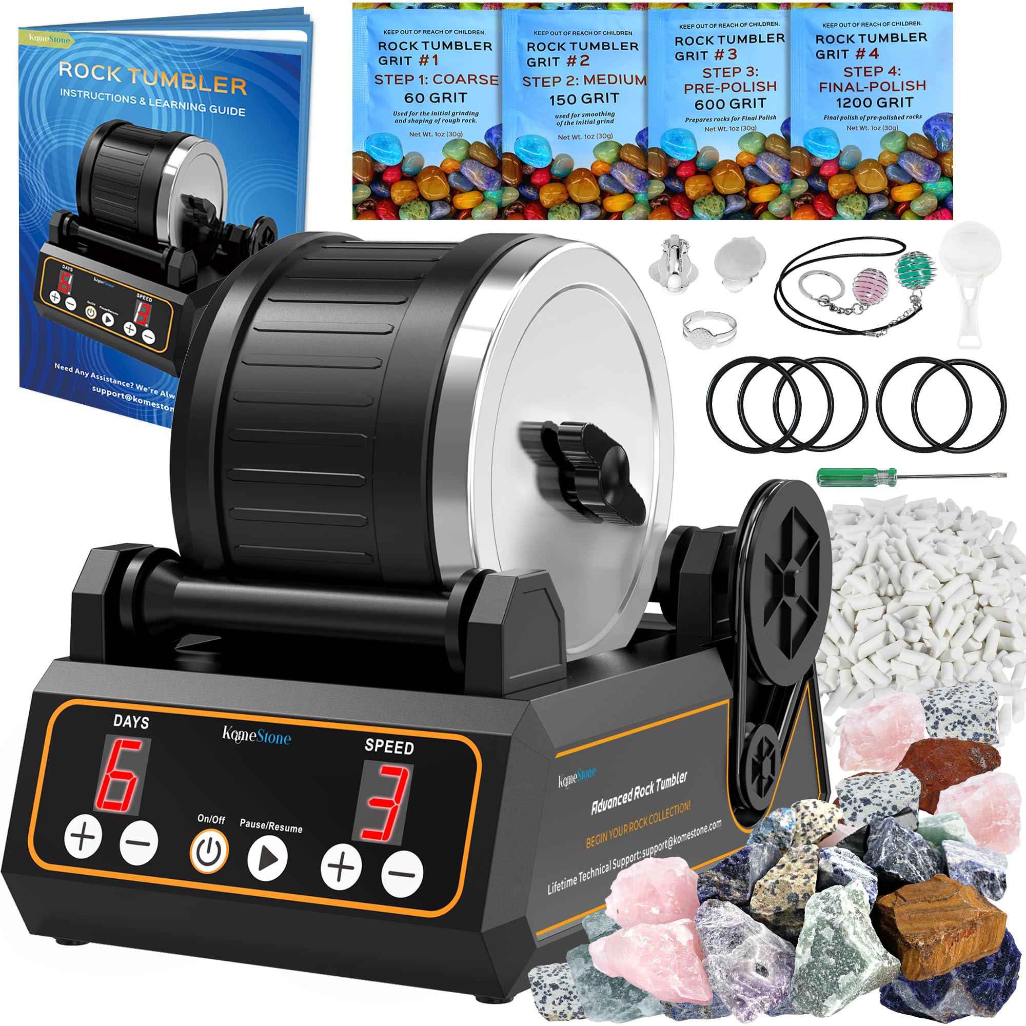 Rock Tumbler Kit, K1 Professional Large 2.5LB Capacity Edition - Memory Function, Digital Timer & Variable Speeds: Create Stunning Gems Full Accessories Included