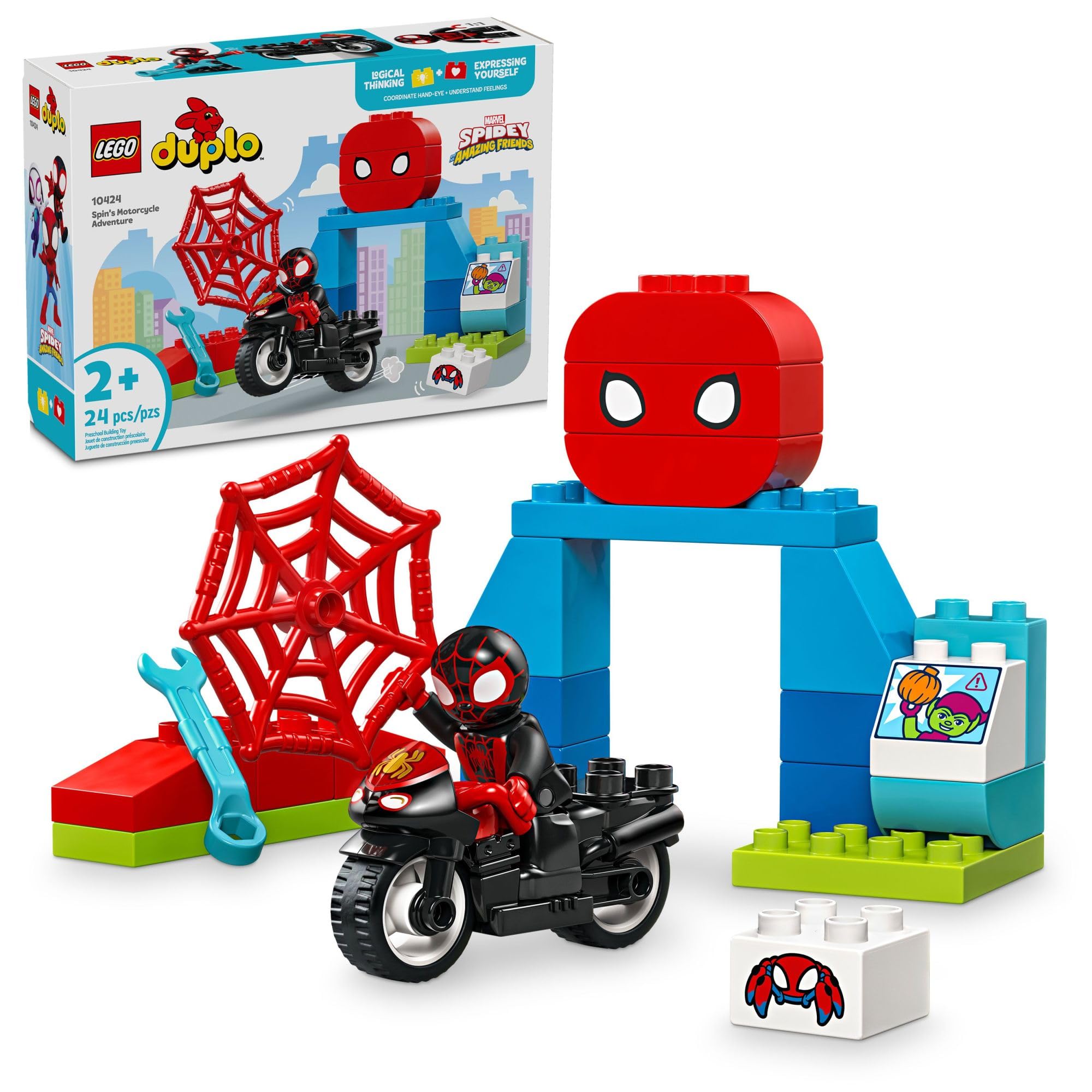 LEGO DUPLO Marvel Spin’s Motorcycle Adventure Fantasy Playset, Based on Spidey and His Amazing Friends TV Show, Build-and-Rebuild, Toddler Toys, Preschool Motorcycle Toy for Kids' Ages 2 and Up, 10424