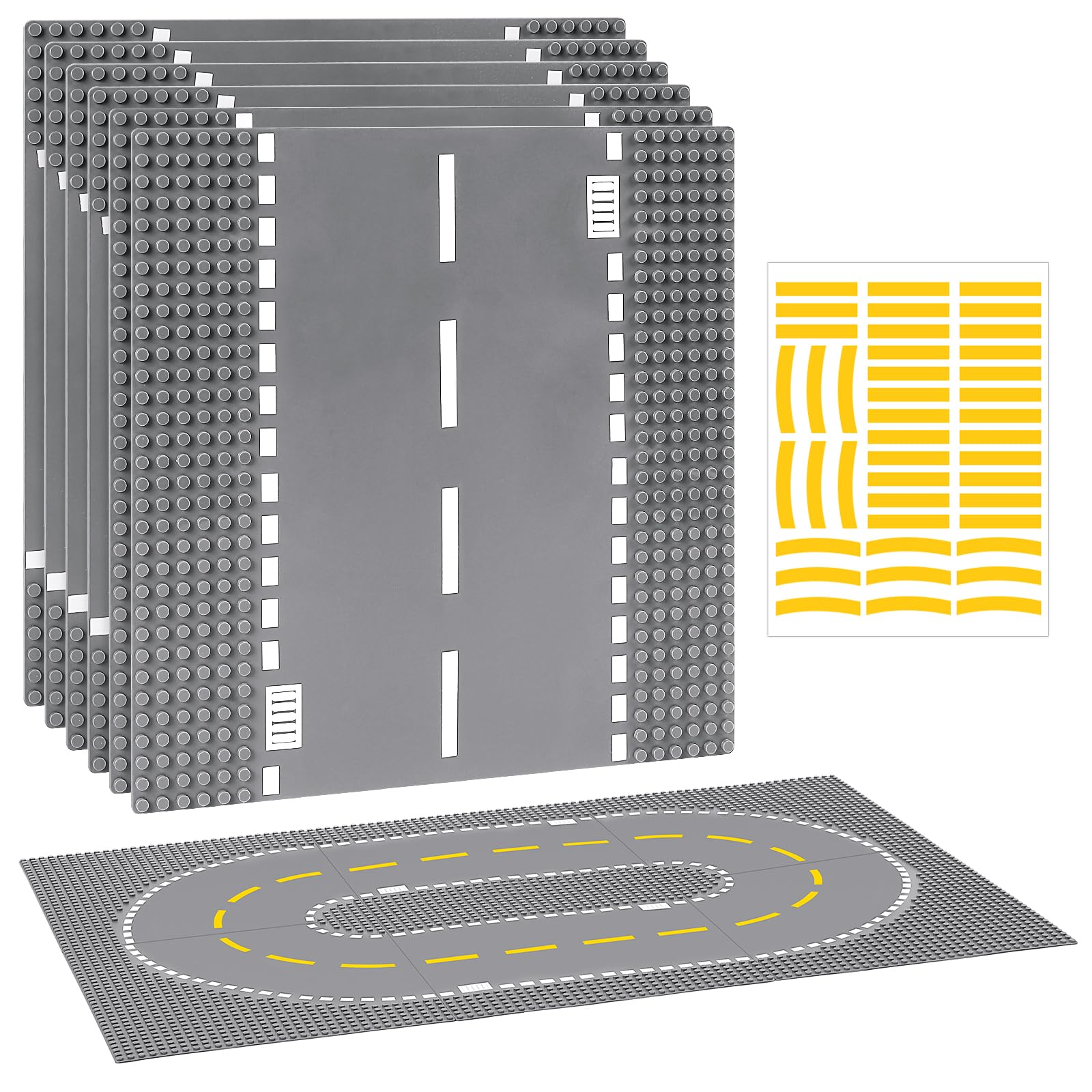6 Pack Road Base Plates for Building, Compatible with Lego Classic Bricks, 10” x 10” Baseplates Fits for Lego Roads, Road Base Plates for City Sets (Attached DIY Stickers)