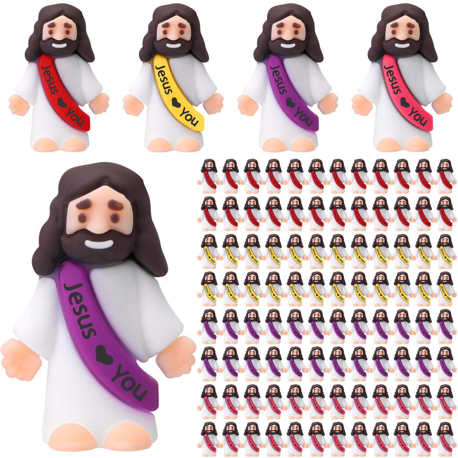 Bememo 100 Pcs Little Jesus Figures Jesus Loves You Original Design Rubber Pocket Toys Little Figures to Hide and Seek Sunday School Religious Party Share Gifts(Bright Colors)