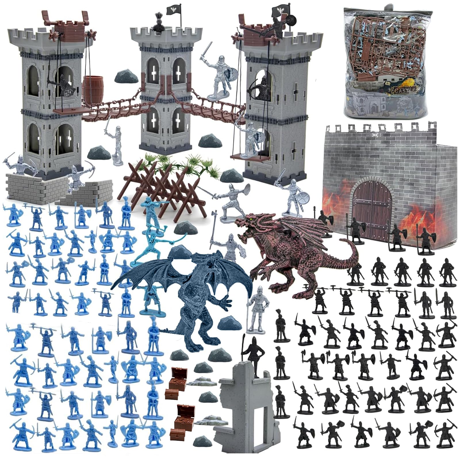 Yoyoom Army Men Action Figures Toy Soldiers Set, Medieval Castle Small Soldiers Military Toy, Plastic Army Men playset Castle Building Set with Storage Bag and Map