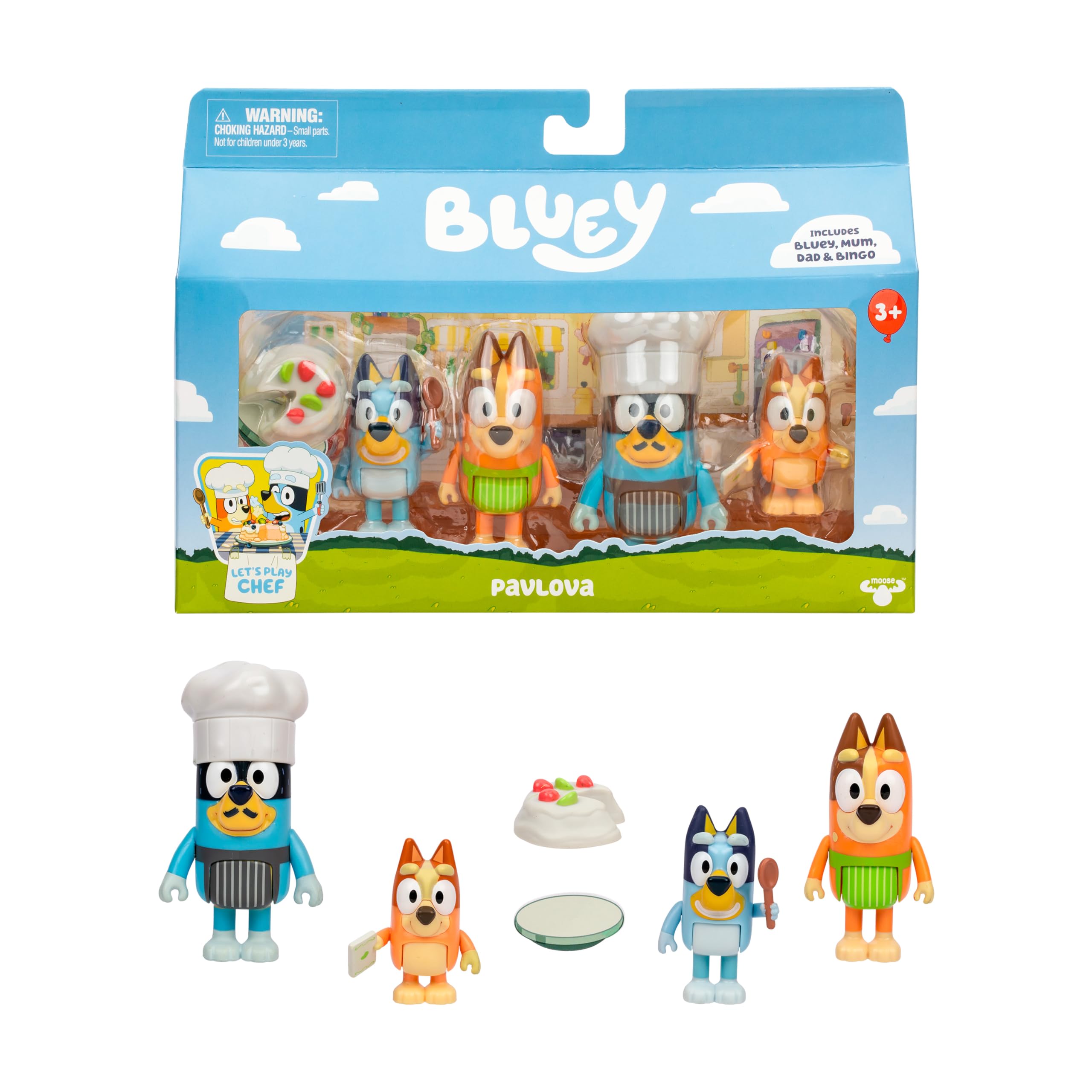 Bluey 4-Pack Toy Figure Playset, Let’s Play Chef Pavlova Toddler Figurine Toys Set with Chef Accessories, Poseable Figurines for Kids Ages 3-5